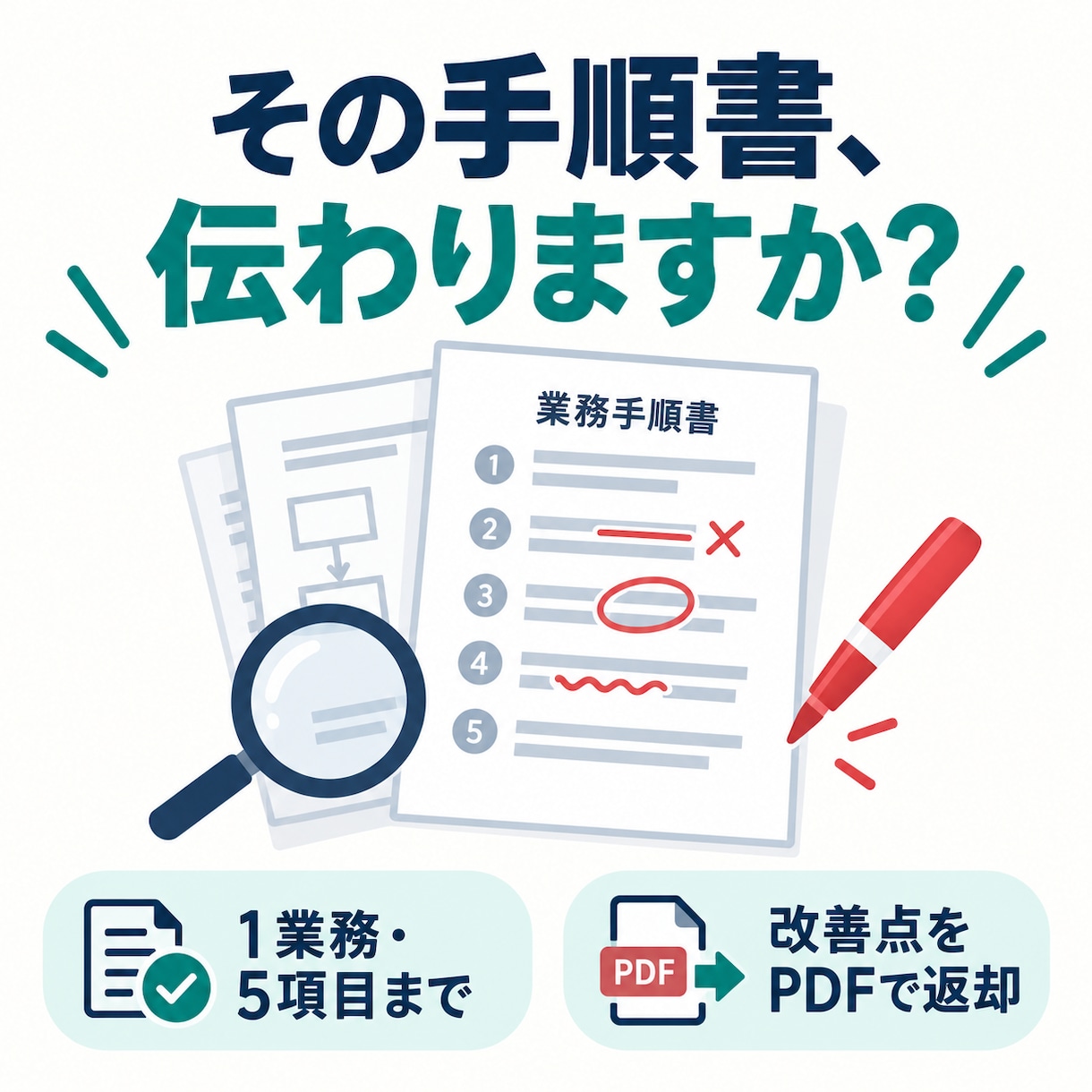 既存の業務マニュアルを診断・改善提案します 1業務5項目まで、迷う箇所と直し方をPDFで整理 イメージ1