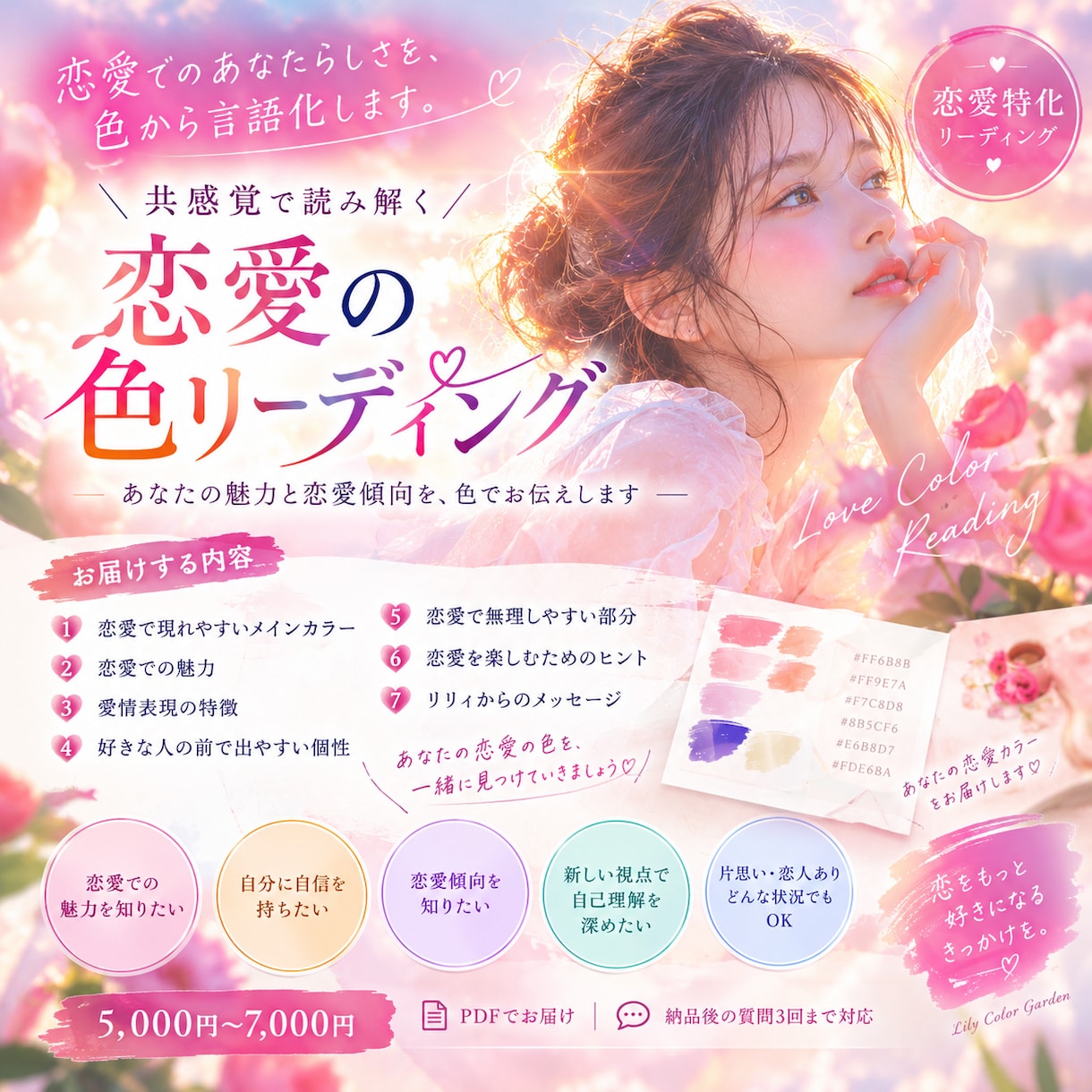 恋愛で輝くあなたの魅力を、色から言語化します 恋愛でのあなたらしさを、色から言語化します。 イメージ1