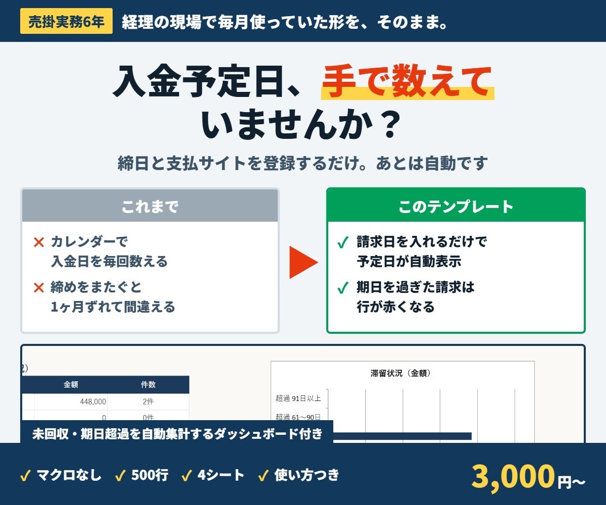 売掛実務6年｜入金消込Excelお渡しします 締日と支払サイトから入金予定日を自動計算。期日超過は赤く表示 イメージ1