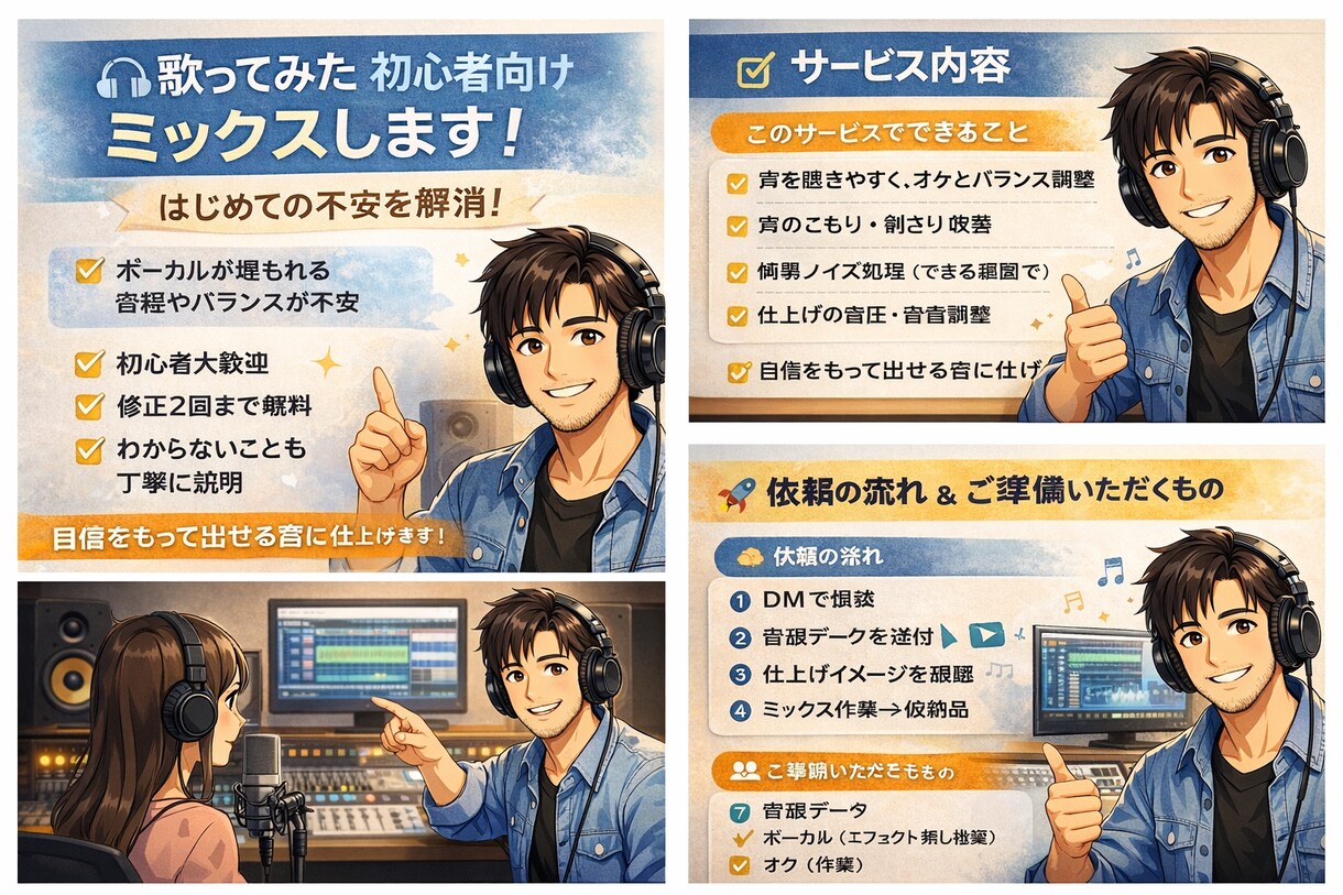 歌ってみた初心者向けミックスします •歌ってみた初心者、救います。•声が埋もれる問題、解決。 イメージ1