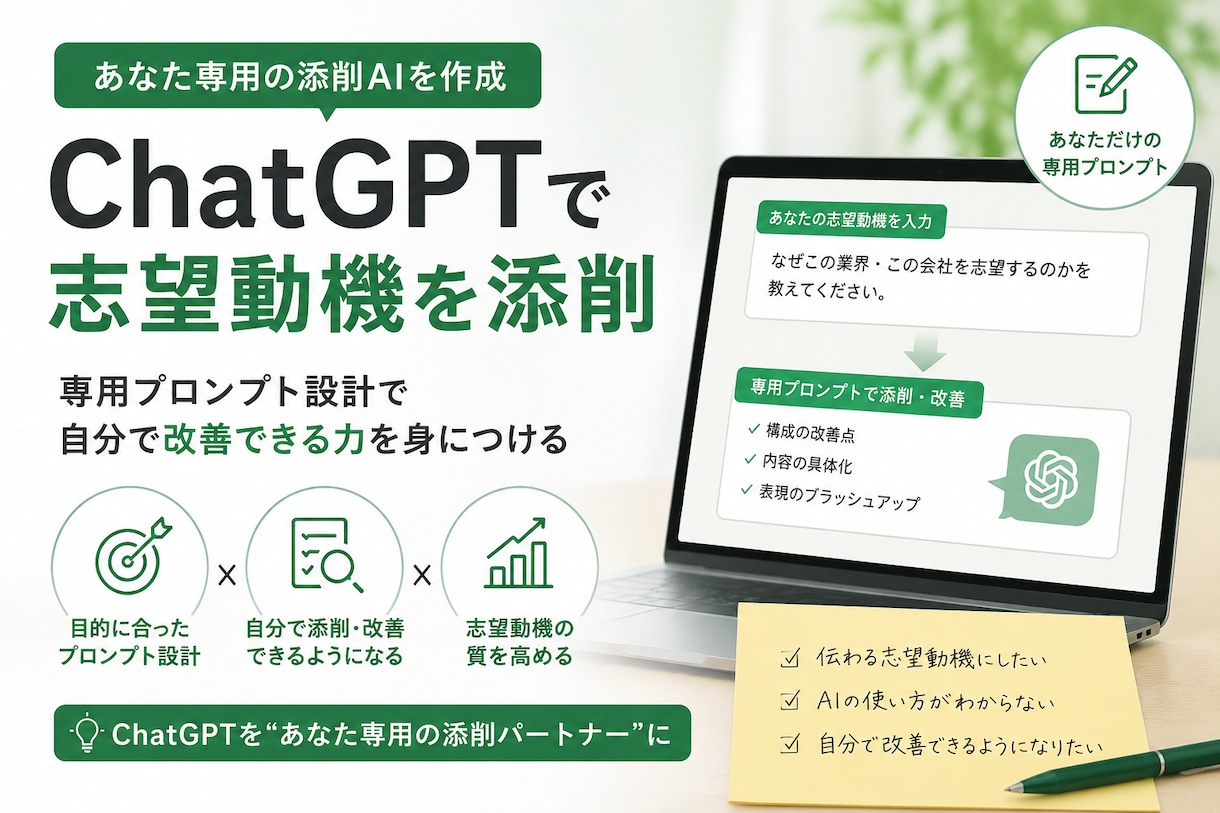 ChatGPTで志望動機を添削｜専用AI作成します あなた専用のChatGPT文章添削プロンプトを設計します。 イメージ2