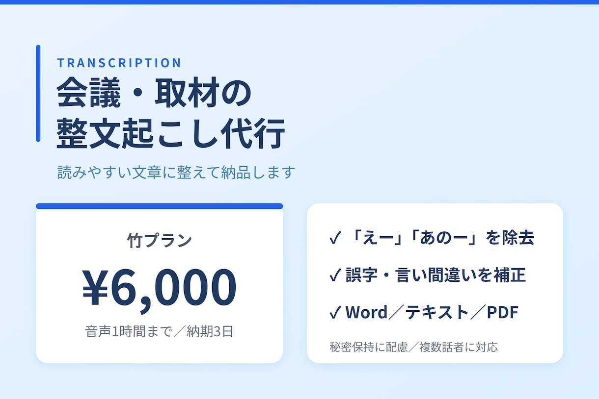 会議・取材の整文起こしを代行します 読みやすい文章に整えて納品｜音声1時間6,000円 イメージ1