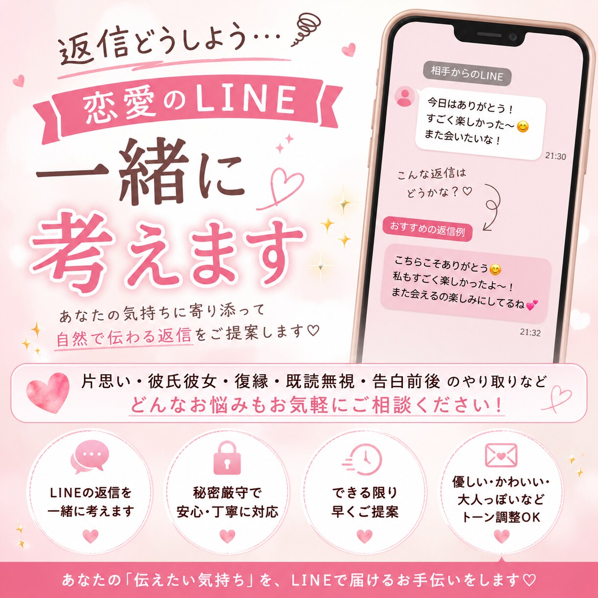 恋愛LINEの返信を一緒に考えます 既読無視・告白・復縁など恋愛LINEをサポートします イメージ1