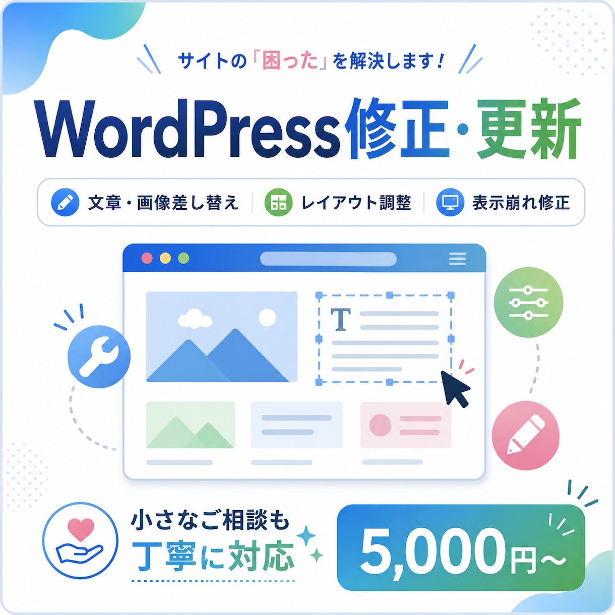 WordPressの修正・更新を丁寧に対応します 文章・画像差し替えや表示調整など小さな修正も承ります イメージ1