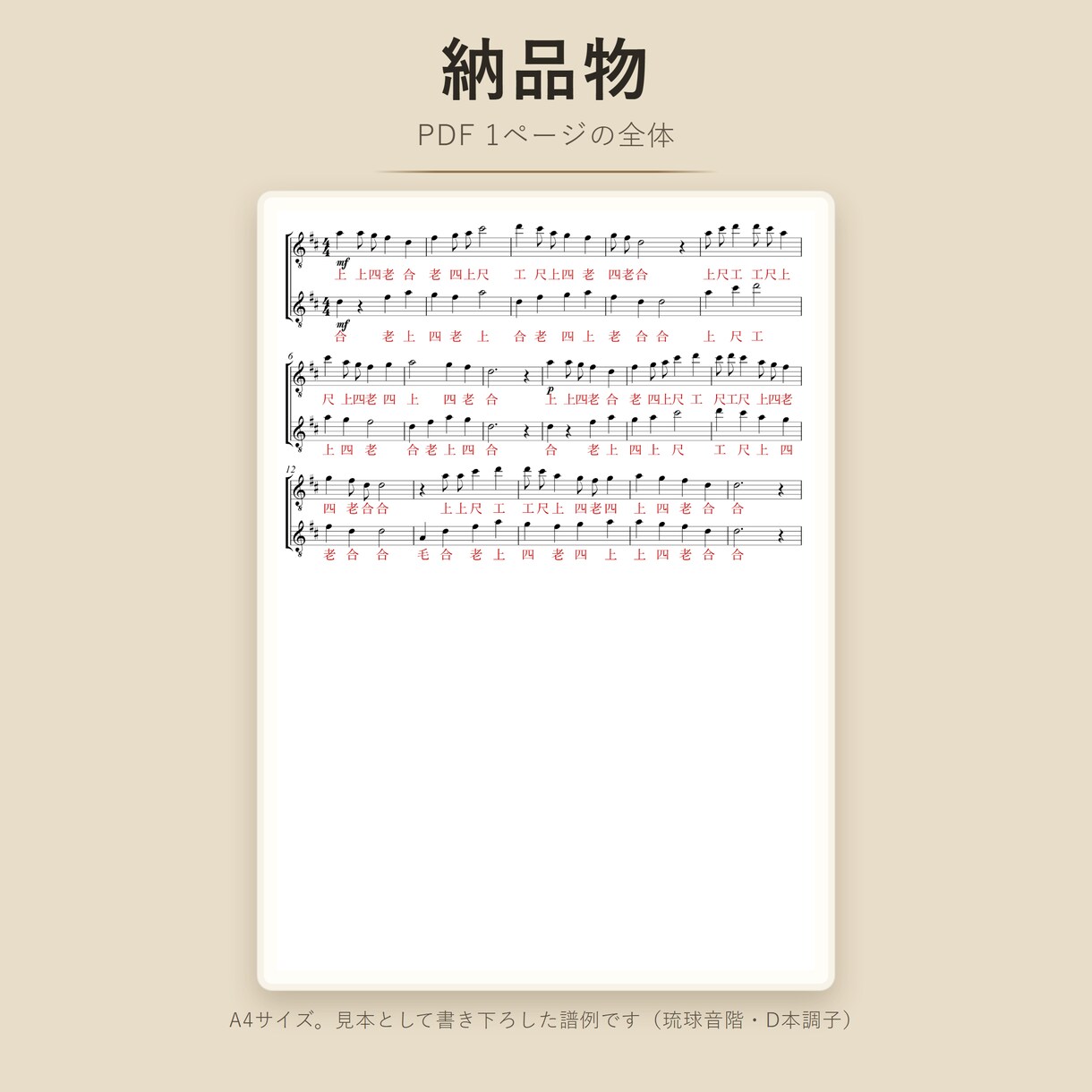 五線譜に三線の勘所（工工四）を振ります お手元の五線譜に、三線の勘所を書き入れます イメージ4