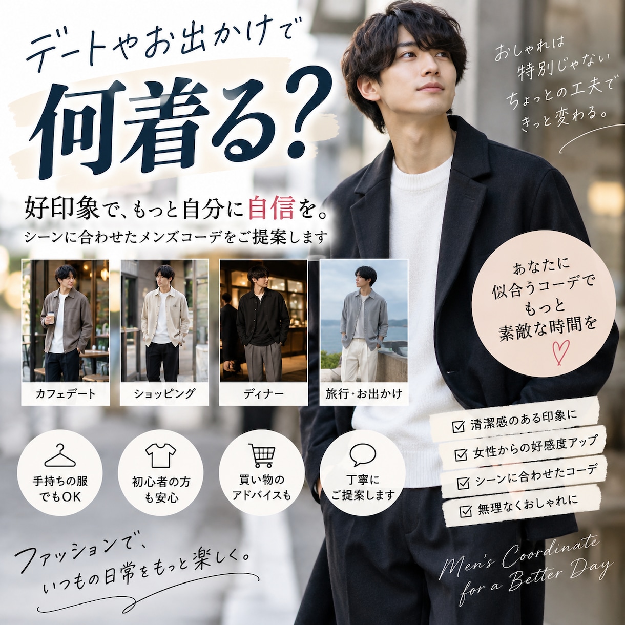 デート・お出かけで好印象なメンズコーデを提案します 「何着ていく？」を解決。頑張りすぎない好印象コーデをご提案 イメージ1