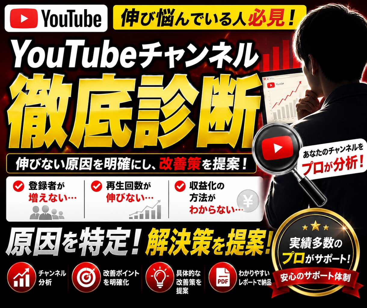 YouTube登録者が増えない原因診断します 8チャンネル収益化経験者が改善点分析、伸び悩む原因見つけます イメージ1