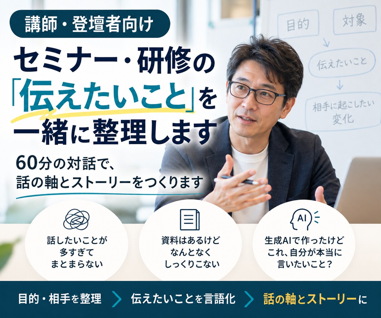 60分の対話で、話の軸とストーリーをつくります 登壇者向け｜セミナーの「伝えたいこと」を一緒に整理します イメージ1