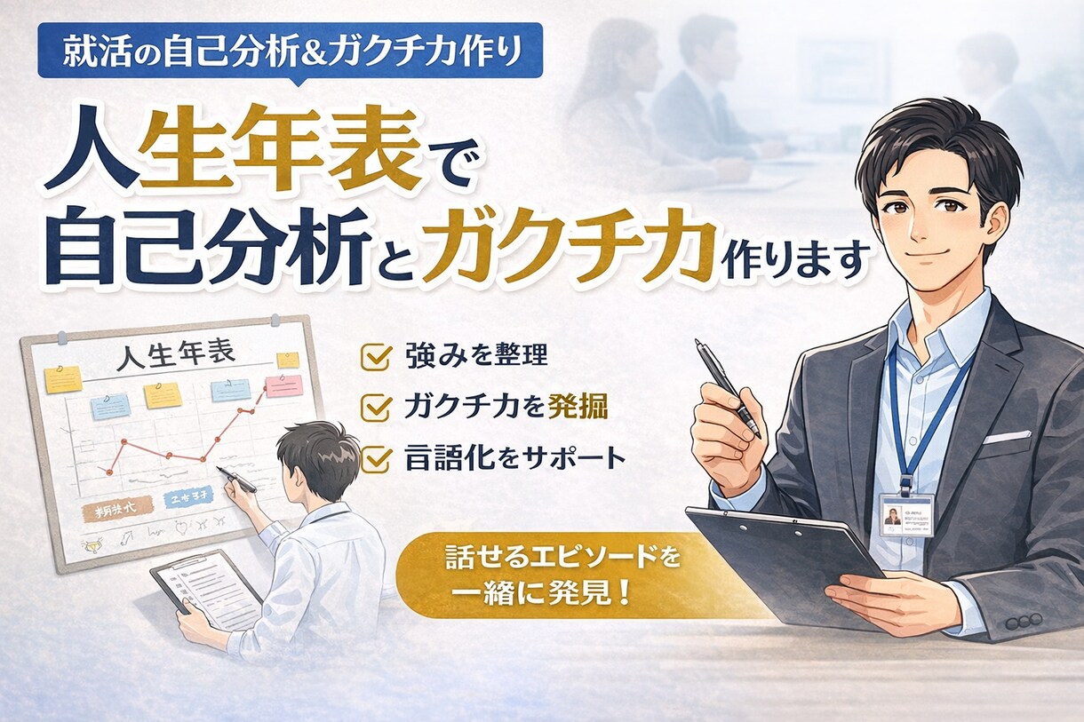 あなたの自己分析とガクチカ作ります 「人生年表ワークショップ」で、強みと言語化を一緒に整理！ イメージ1