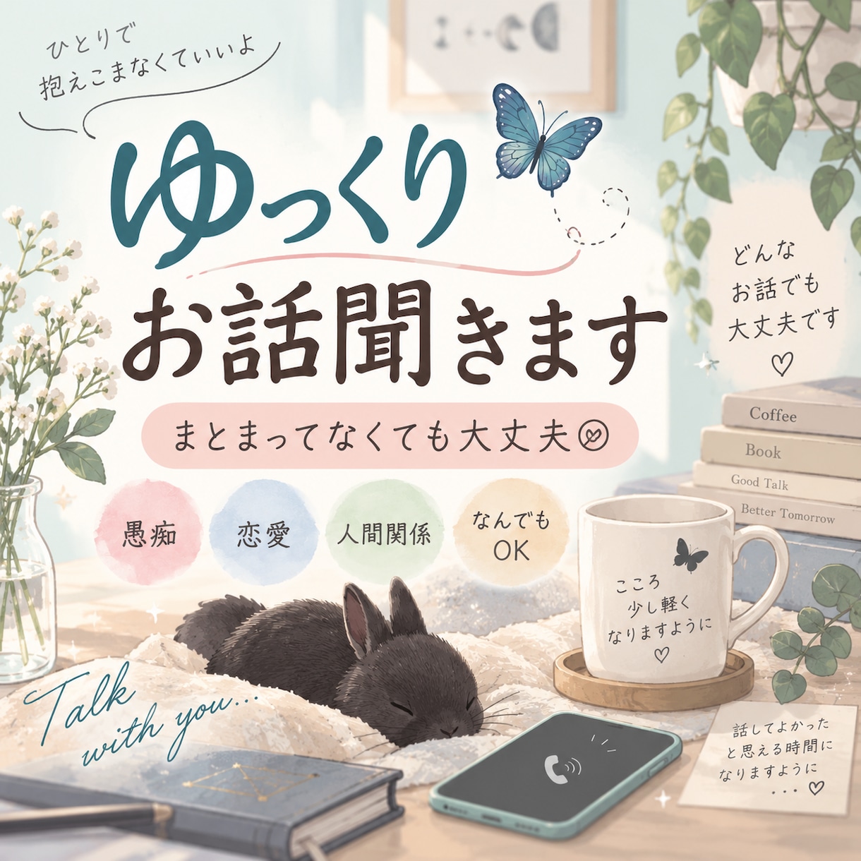 まとまってなくても大丈夫◎ゆっくりお話聞きます 愚痴・恋愛・人間関係誰にも言えない話まで否定せずお聞きします イメージ1