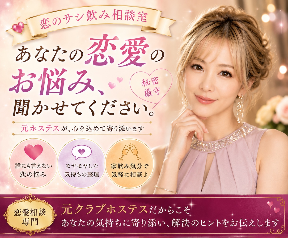 恋愛サシ飲み相談(ノンアル可)悩み・恋バナ聞きます 元ホステス・現恋愛占い師が「占いナシ」で本気のアドバイス！ イメージ1