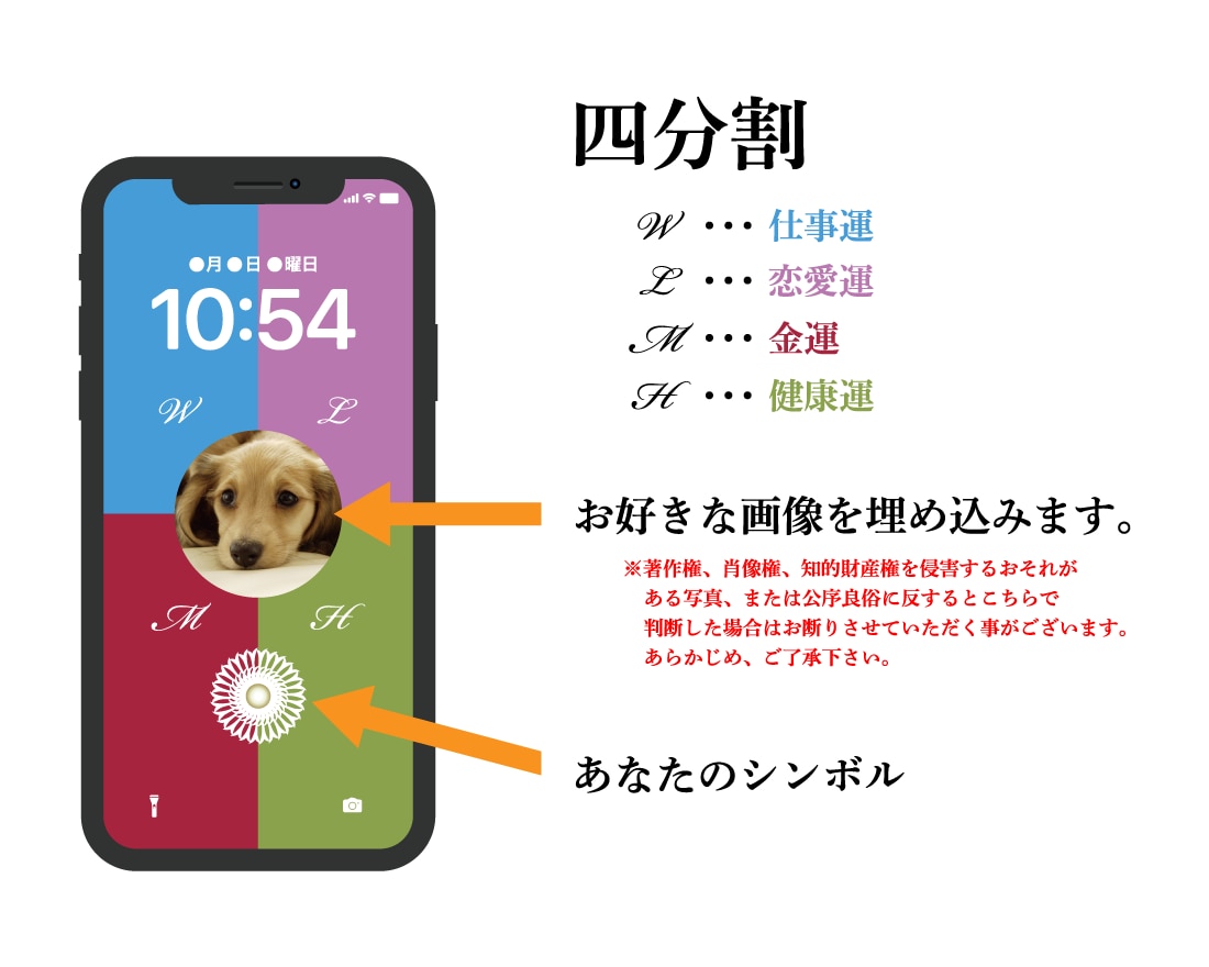 あなたの運気の色を占い、待ち受け画像を作ります 生年月日とお名前からあなたの運気を占い、待ち受け画像で開運！ イメージ2