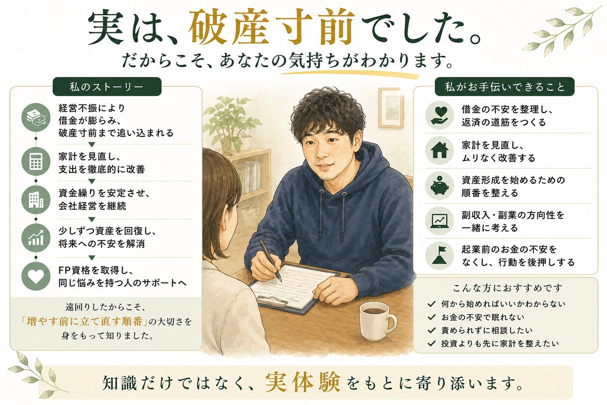 再起型FPが人に言えないお金の悩みを再起へ導きます 頑張る前に、手放す事が重要！？次の一歩を明確にします イメージ5