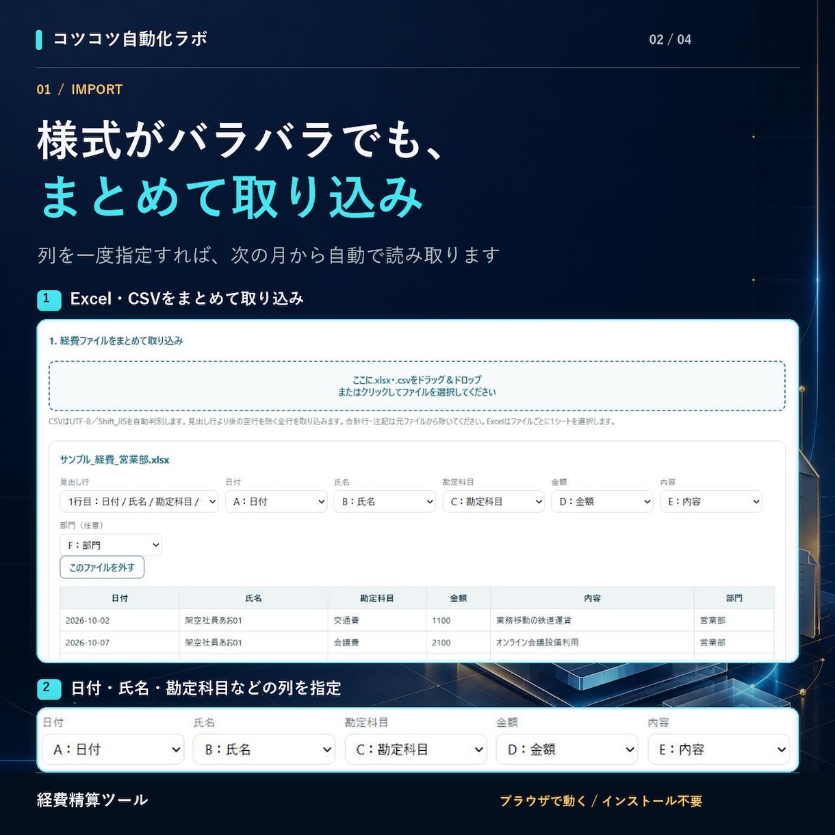 経費精算のまとめを自動集計するツールをお渡しします 各自の経費Excelを集めるだけ。人別精算額まで自動 イメージ2