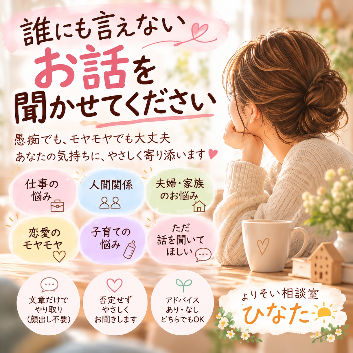 誰にも言えないお話を優しくお聞きします 愚痴もモヤモヤも大丈夫優しく寄り添います イメージ1
