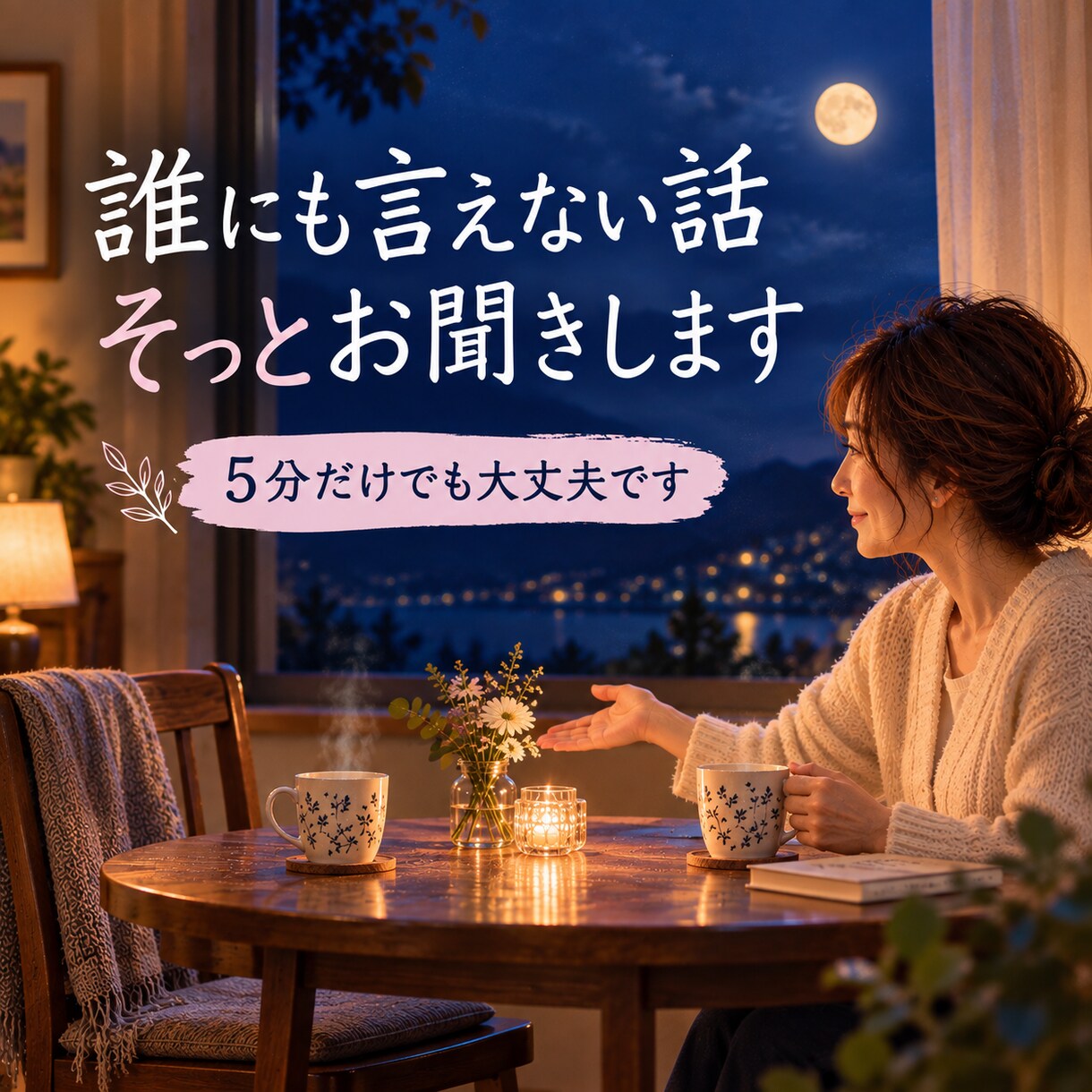 現実では誰にも言えない話、そっとお聞きします 答えを出すよりも、話して心を軽くしたい、そんな夜に イメージ1