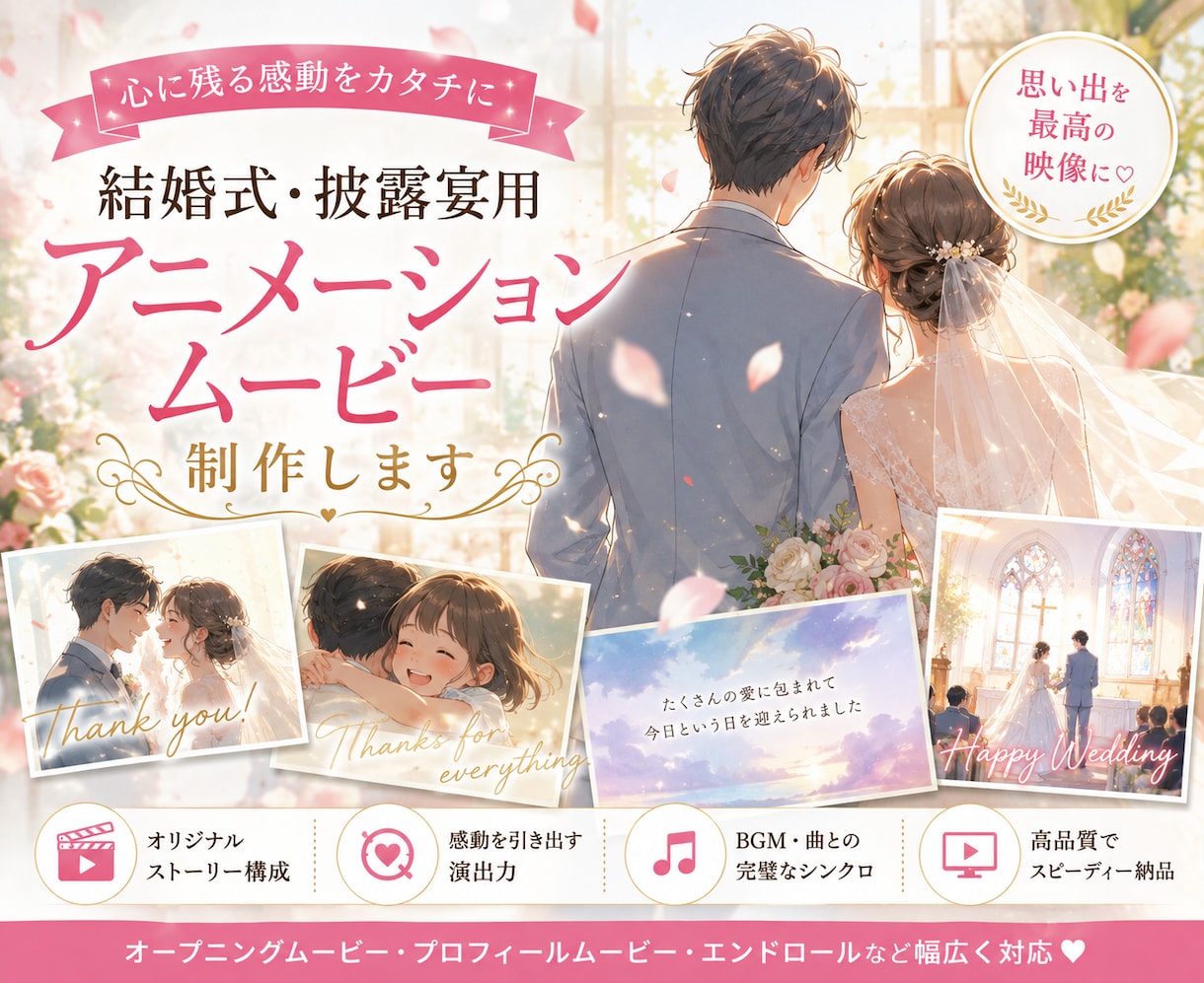 結婚式・披露宴用アニメーションムービー制作します プロフィール・オープニング・余興に｜写真なしでも感動演出 イメージ1
