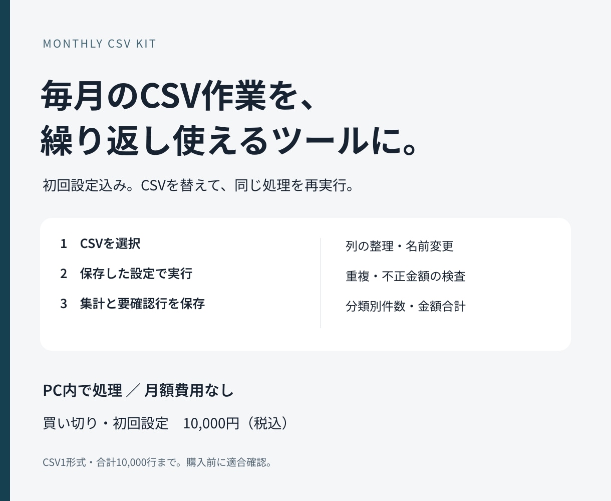 複数CSVの集計と重複確認をツール化します 除外理由も一覧化・初回設定込みで翌月から再利用 イメージ1