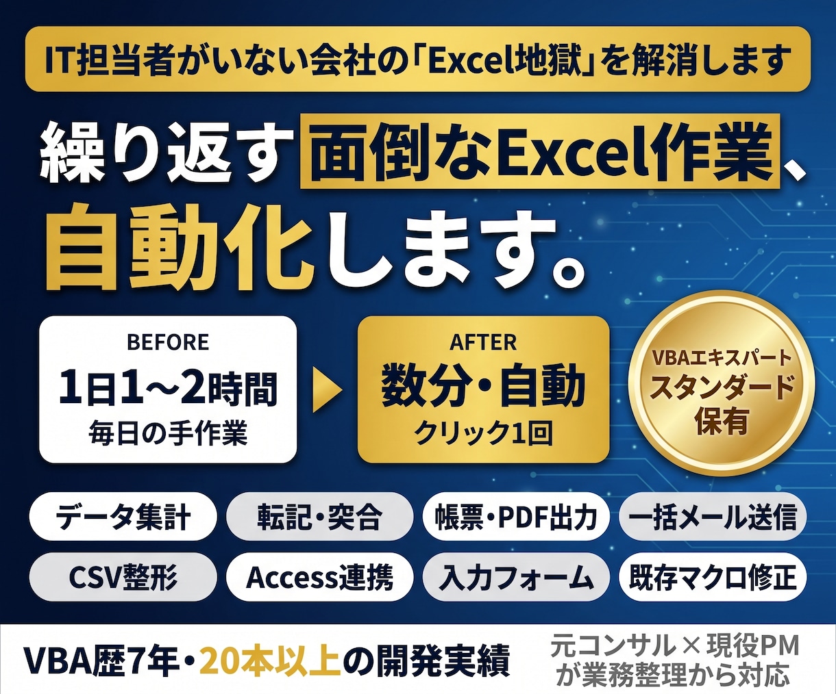 Excelの面倒な手作業をVBAで自動化します VBAエキスパート保有｜1日2時間の作業を数分に イメージ1