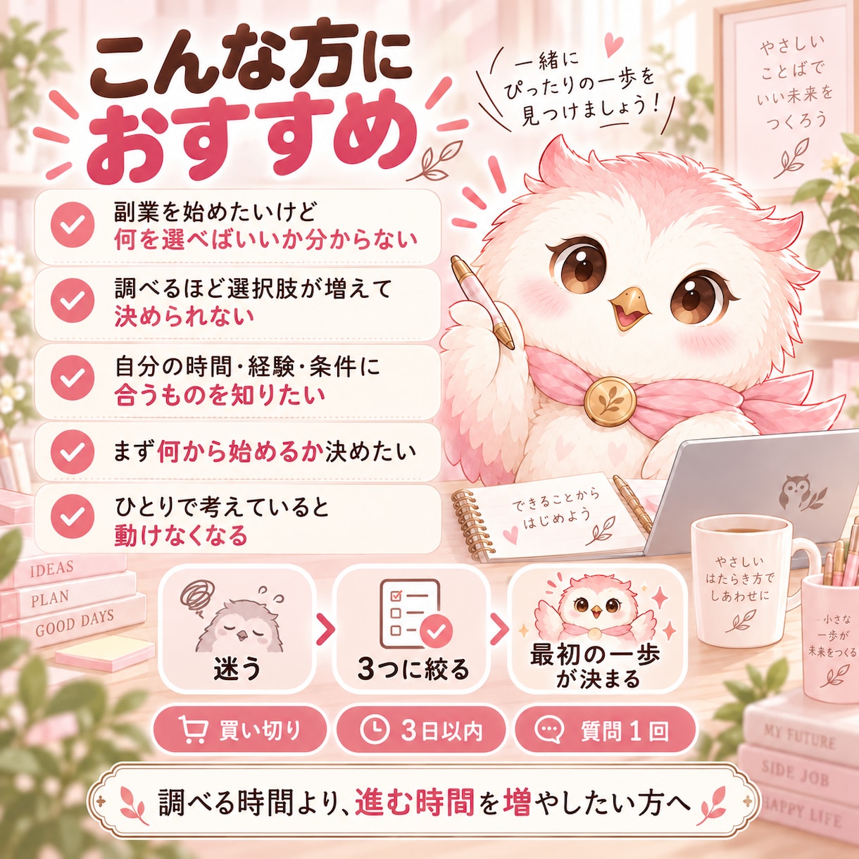 あなたに合う副業を3つまで絞って提案します 調べすぎて決められない方へ｜最初にやることまで整理します イメージ3