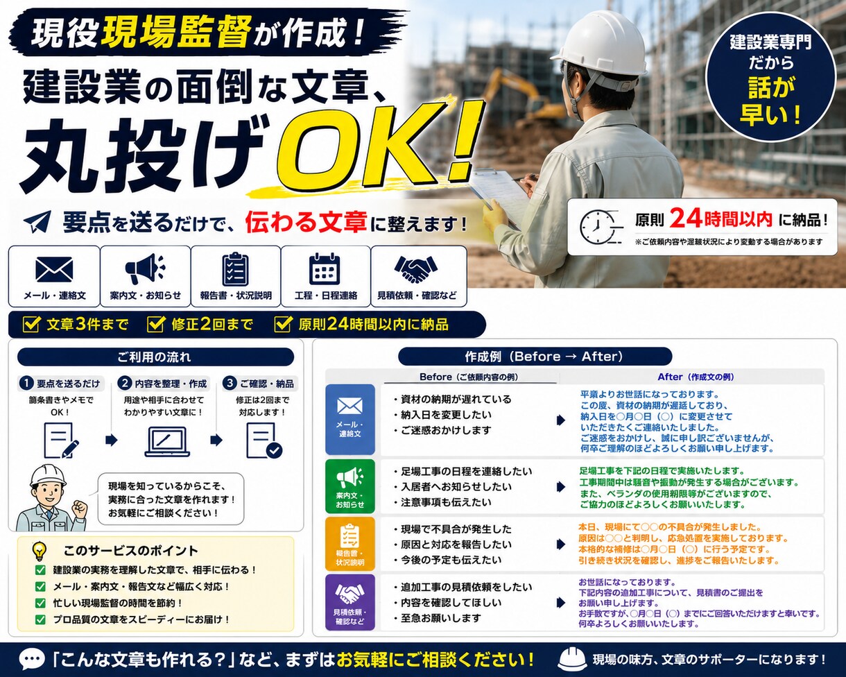 現役現場監督が建設業の文章・メールを作成します 現場の要点を送るだけで文章に整えます イメージ1