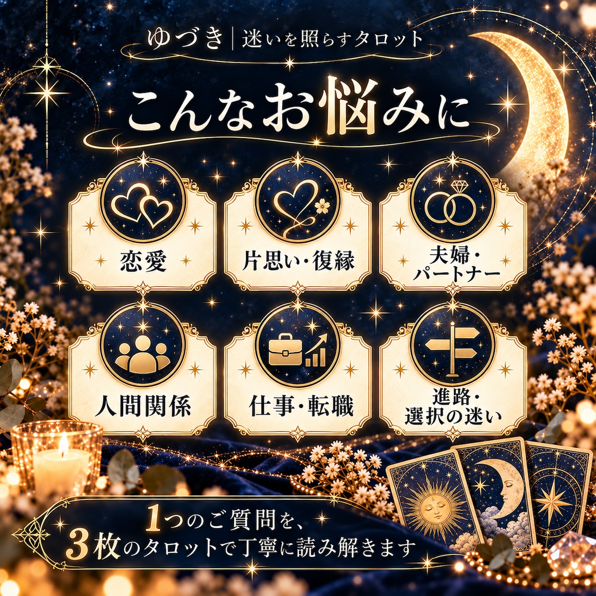 お悩み1つをタロット3枚で丁寧に読み解きます 恋愛・人間関係・仕事｜今の状況と次の一歩をお伝えします イメージ2