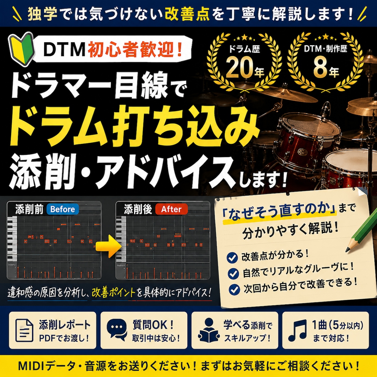 ドラマー目線でドラム打ち込みを添削します 独学では気づけない改善点を丁寧に解説します！ イメージ1