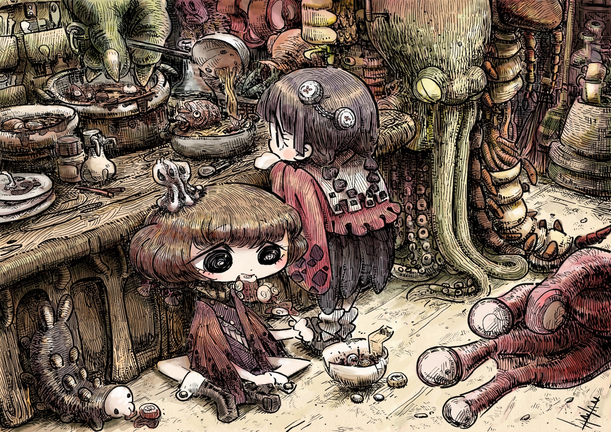 描き込まれた線画の可愛いイラスト制作します アナログ感のある線画でキュートやポップ、雰囲気のある絵も！ イメージ6