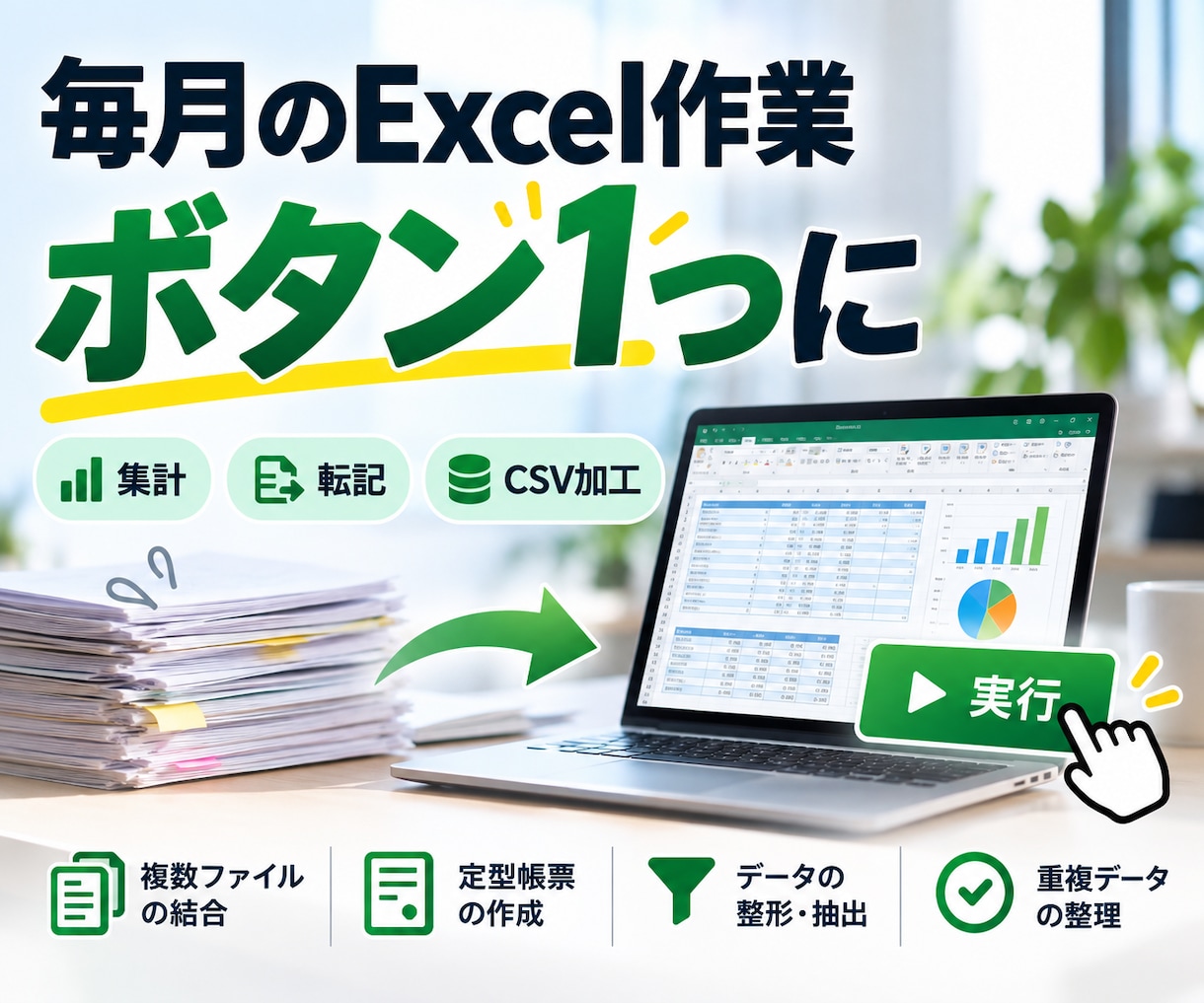 毎月繰り返すExcel作業を自動化します 集計・転記・CSV加工など、面倒な定型作業をボタン1つに イメージ1