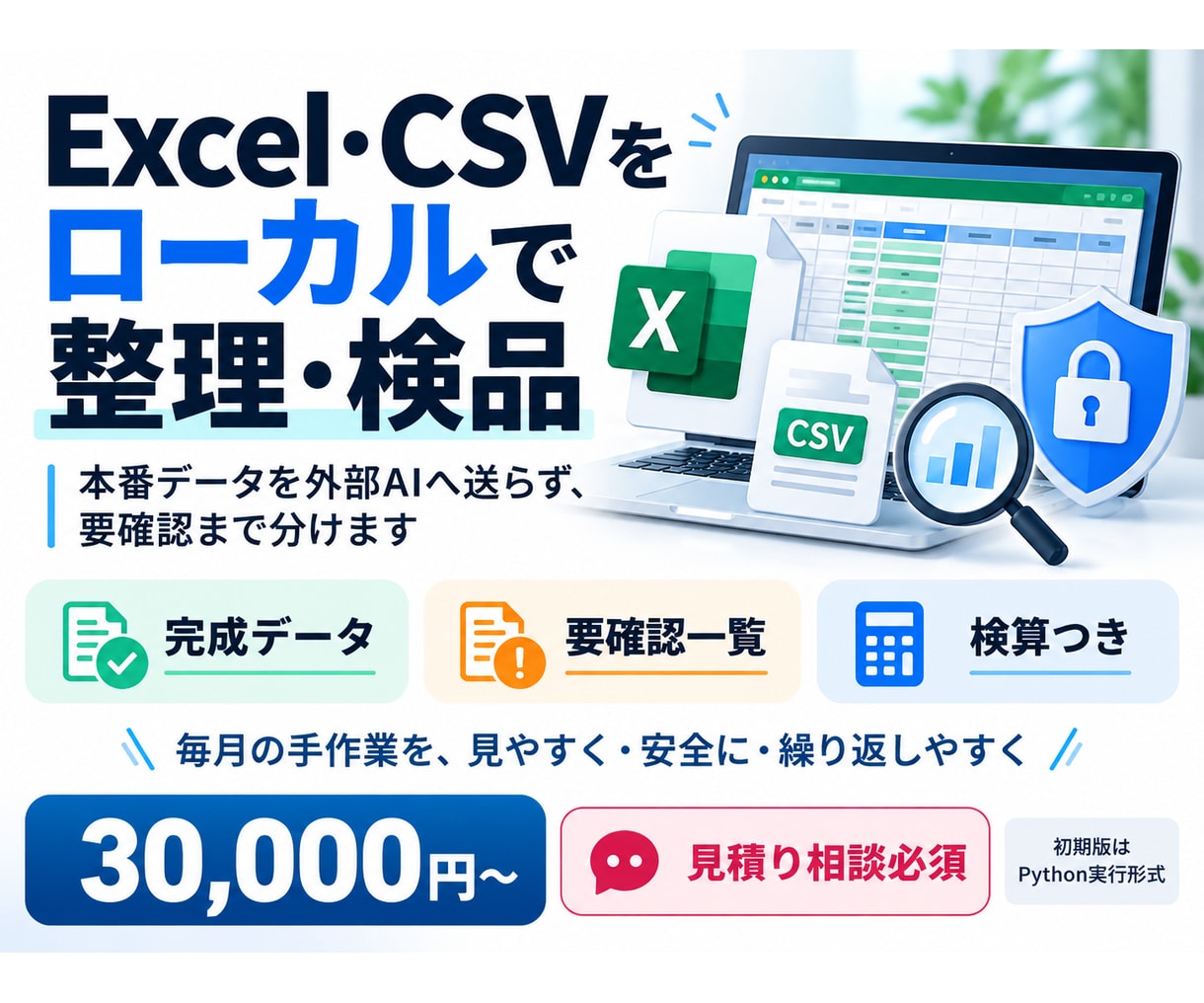Excel・CSVをローカルで整理・検品します 本番データを外部AIへ送らず、要確認まで分けます イメージ1