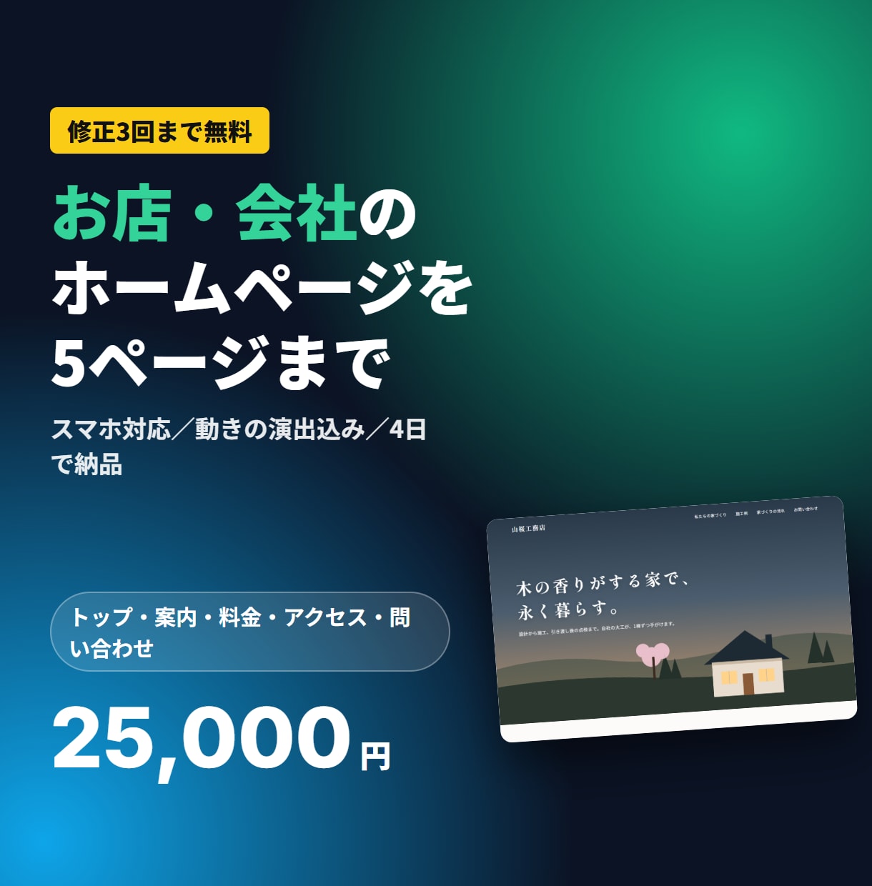 小さなお店・会社のHPを5ページまで作ります 2.5万円・4日・修正3回無料｜スマホ対応と動き込み イメージ1