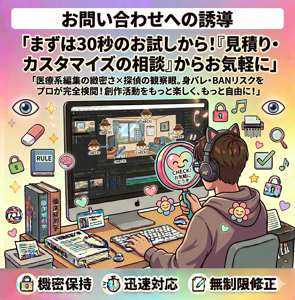 モザイク入れ＆特定防止チェックをプロが代行します 医療系編集の緻密さで反射・背景・音を徹底ガード。 イメージ10