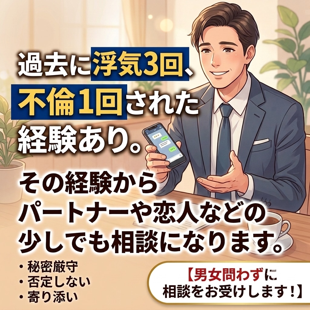 旦那・嫁、恋人の浮気、不倫の相談聞きます 浮気され経験ありそれ原因で離婚。相手の怪しい所相談出来ます イメージ2