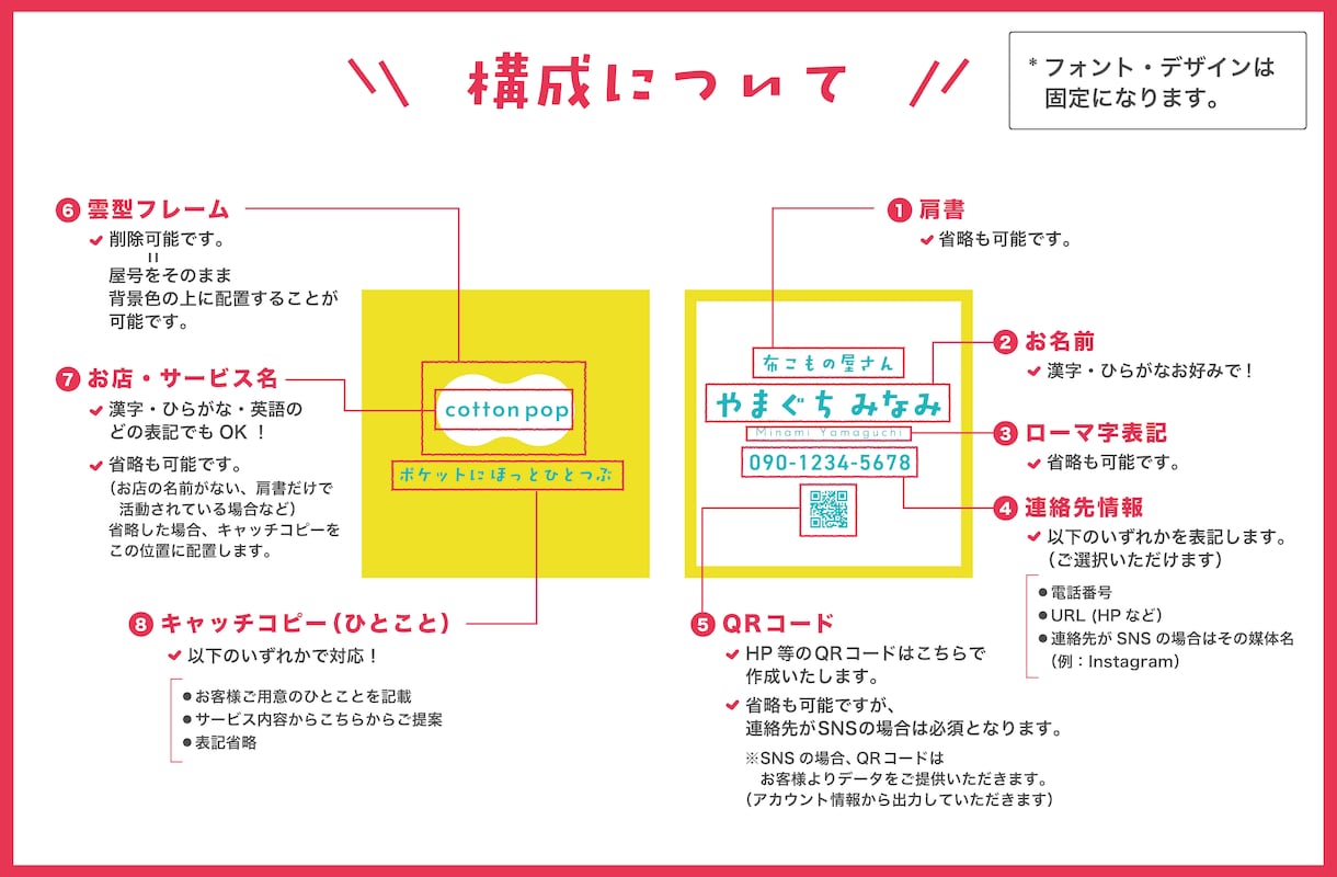 100枚印刷送料込！ポップな正方形名刺を作成します 選べるカラー＆雲型フレームでロゴなしでも印象的に仕上がります イメージ2