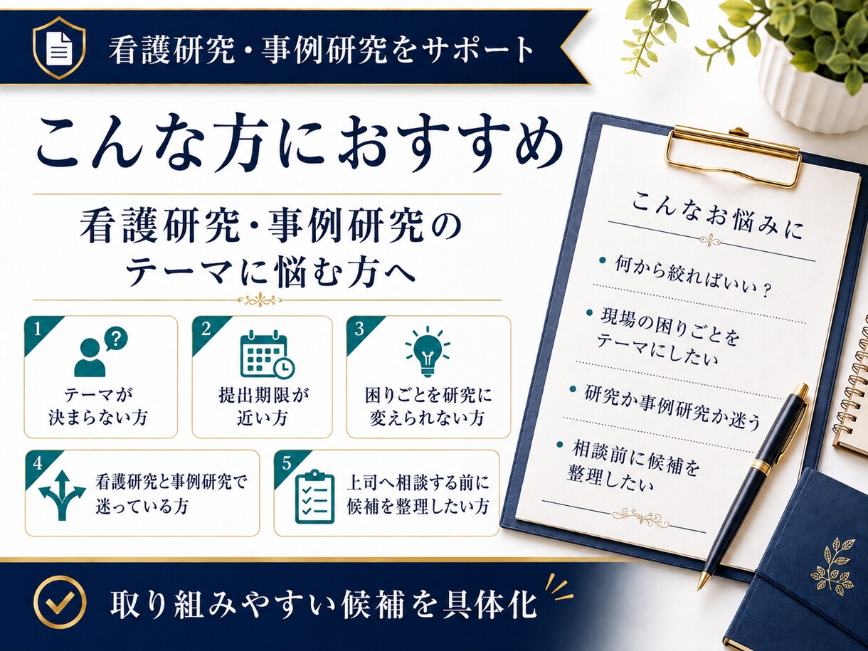 看護研究・事例研究テーマ候補を10案作成します 現場の悩みをもとに、取り組みやすい上位3案まで提案 イメージ3