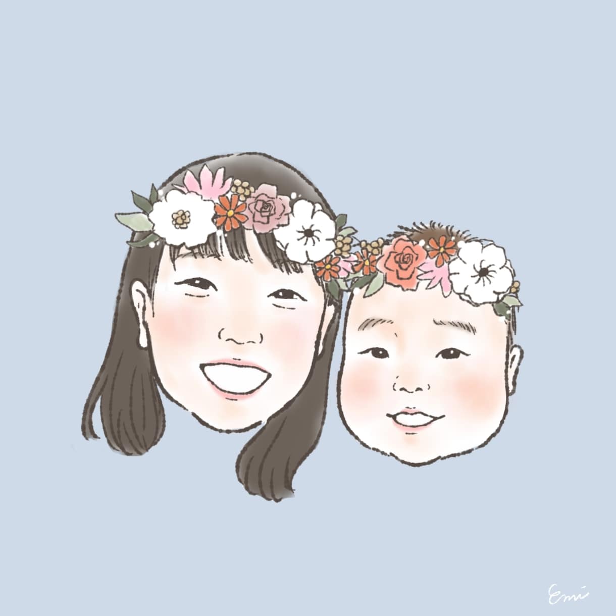 お花のかんむりを載せた可愛い似顔絵お描きします アイコンにおすすめ♪背景色が選べる◎お子さんペット家族に！ イメージ3