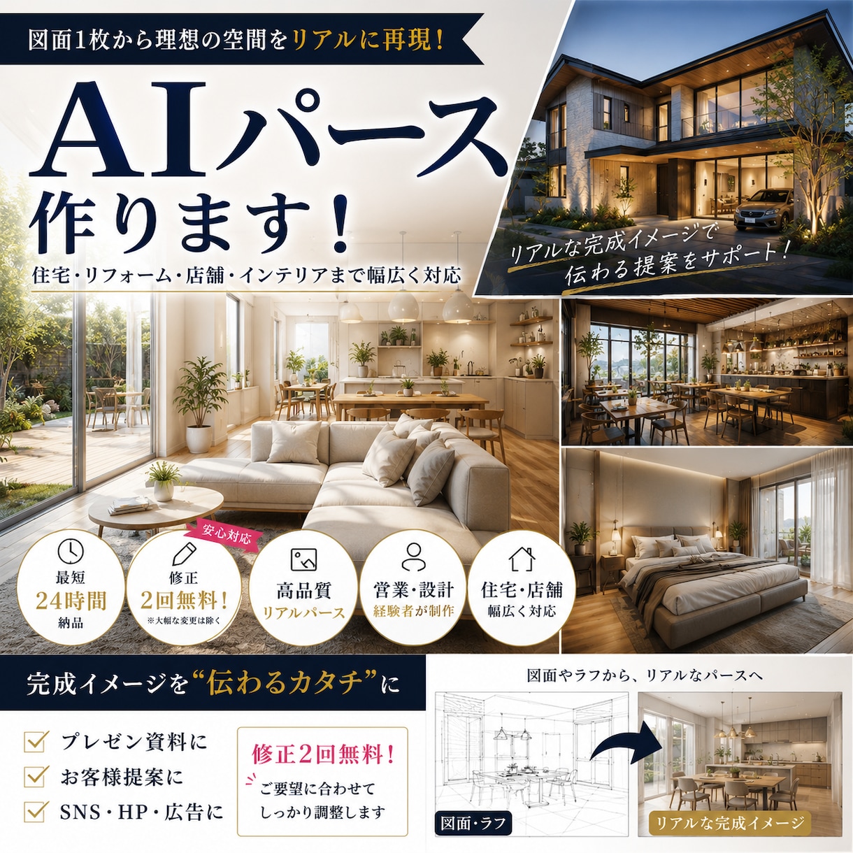 AIでリアルな建築パースを最短24時間で制作します 図面やラフスケッチから、まるで実写のような高品質パースを作成 イメージ1