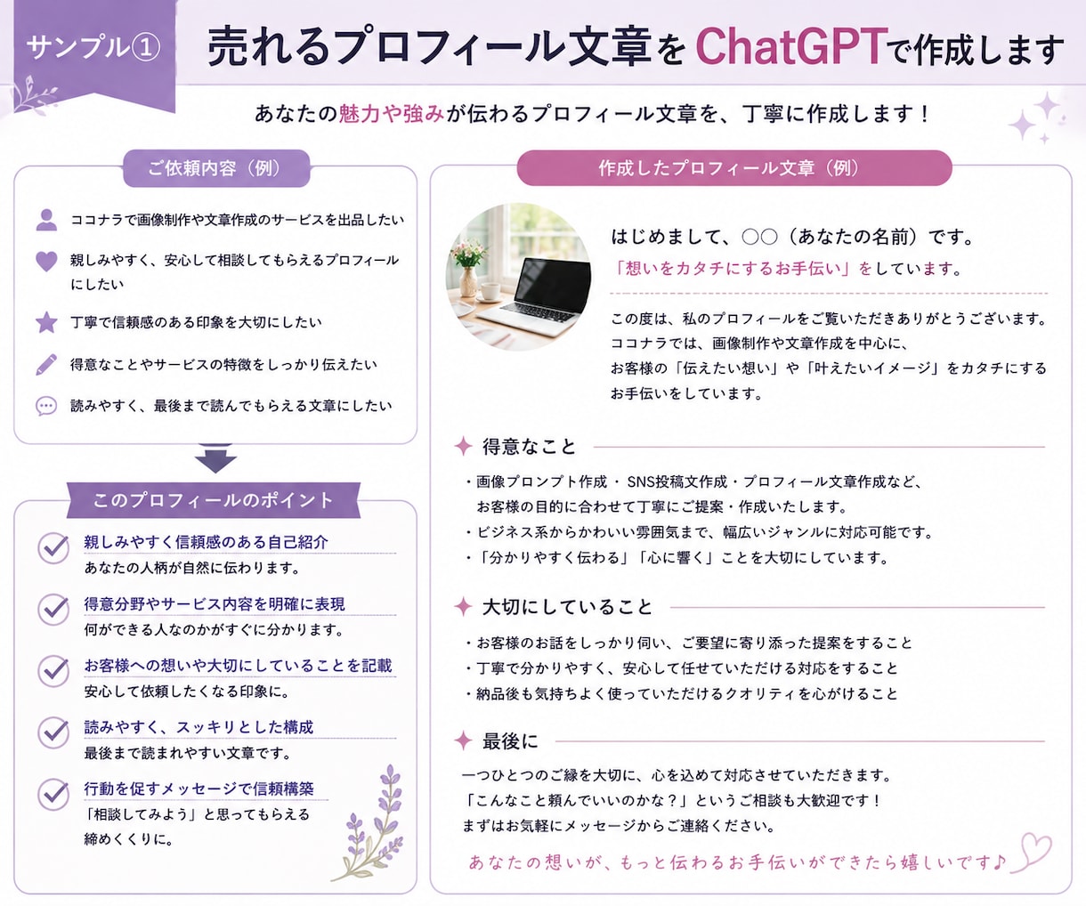 売れるプロフィール文章をChatGPTで作成します あなたの魅力や強みが伝わる信頼されるプロフィールを作成します イメージ2