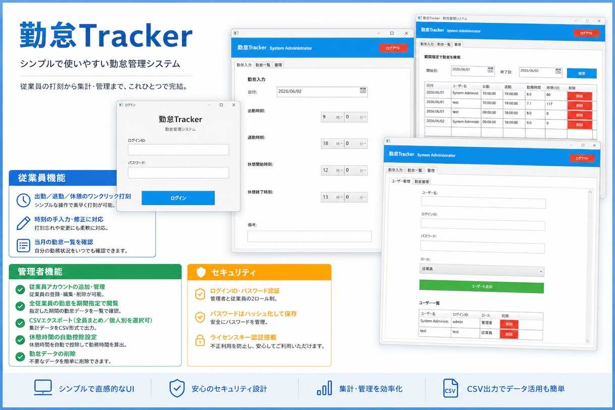 勤怠管理　Windowsアプリを納品します PC１台で完結する勤怠管理アプリ イメージ1