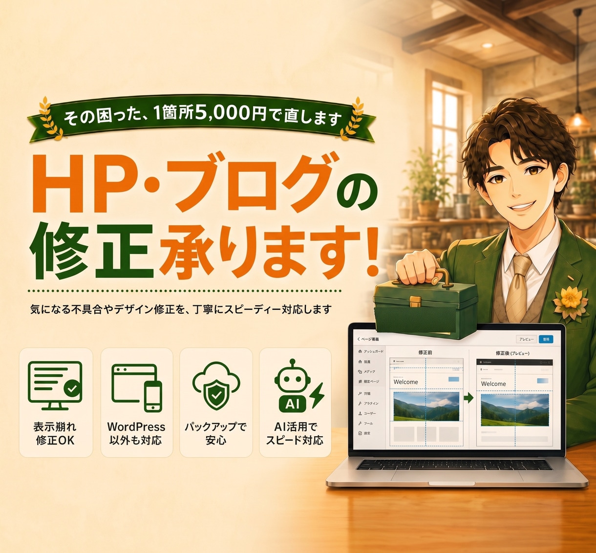 HP・ブログの表示崩れやお困りごとを修正します 1箇所5,000円〜｜バックアップ徹底で安心｜相談無料 イメージ1