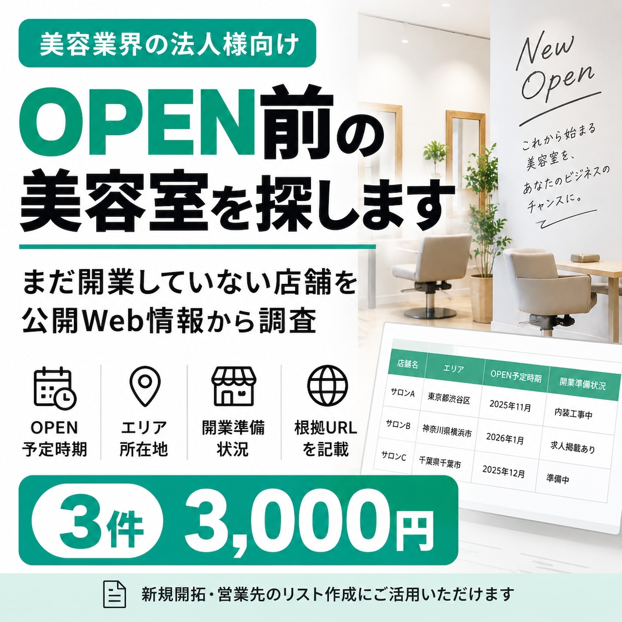 開業前の美容室を調査してリスト化します 営業先をOPEN前に発見｜開業準備状況まで調査します イメージ1