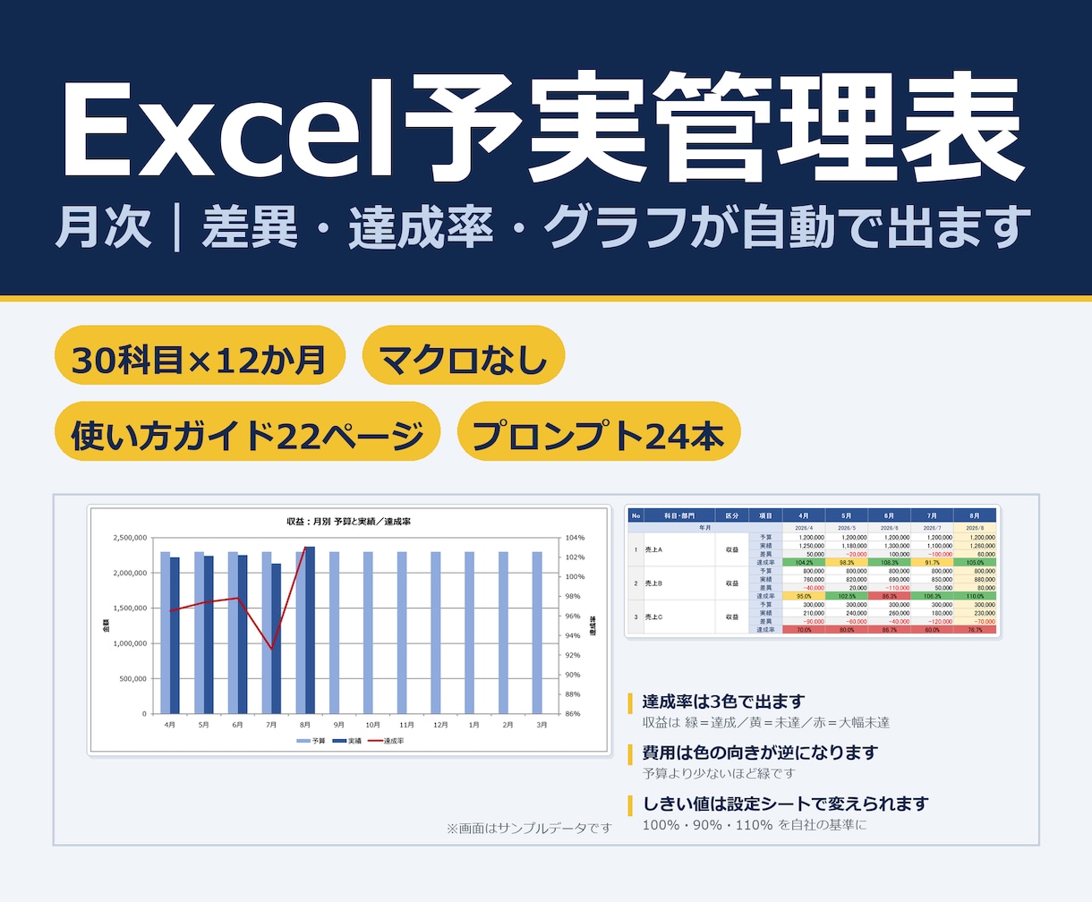 エクセル予実管理表テンプレートを提供します Excelで月次の予算実績を管理。差異と達成率が自動 イメージ1