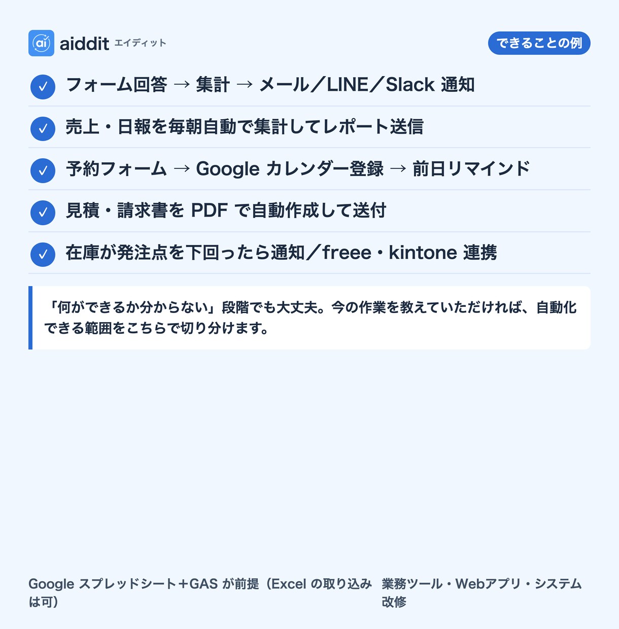 スプレッドシート・GASで業務を自動化します 転記・集計・通知を固定価格で。30日の不具合対応込み イメージ2