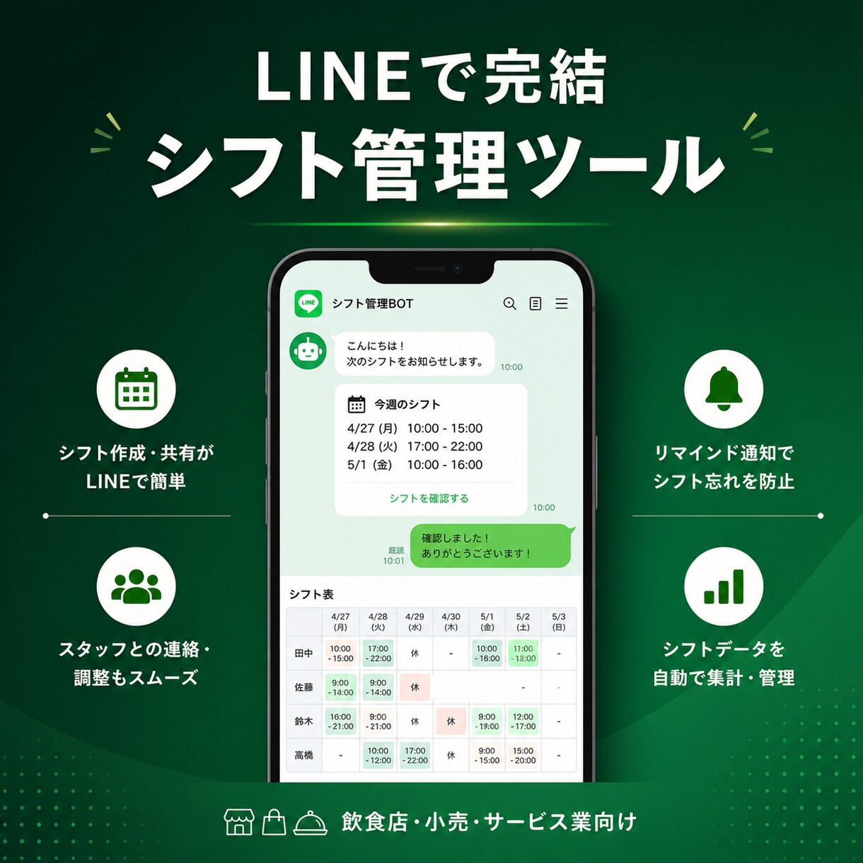 LINEで完結するシフト管理ツールを作ります 飲食店・小売・サービス業の"シフト地獄"を解消 イメージ1