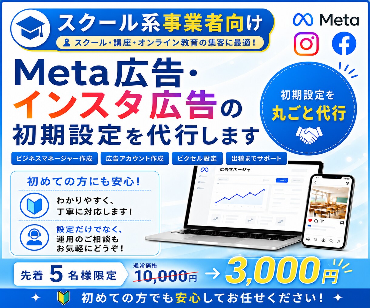スクール系向け｜Meta広告の初期設定を代行します スクール・講座へのLINE登録やセミナー申込につなげたい方へ イメージ1