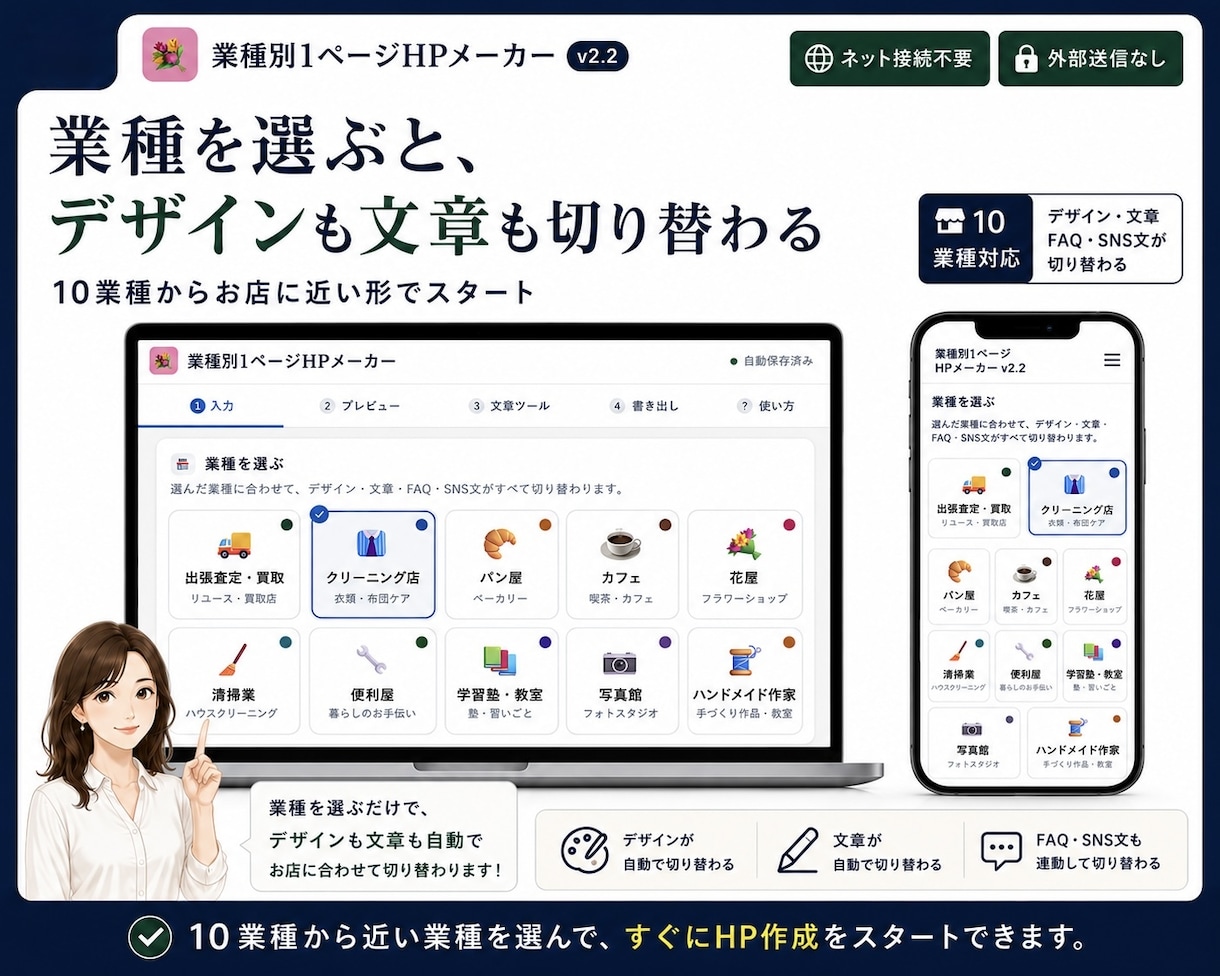 簡単にホームページ内容を作成するキットご用意します お店の名前・地域・電話番号を入れるだけで1ページHP原稿完成 イメージ4