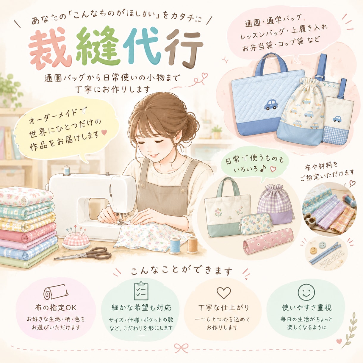 裁縫代行を承りますます 「こんなのが欲しい」「こだわりの１点もの」を叶えます。 イメージ1