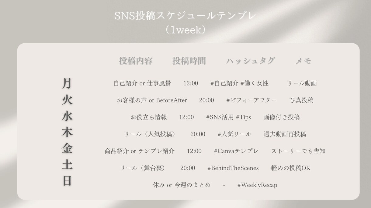 SNS投稿スケジュールテンプレを販売してます 1週間分の投稿が迷わず決まるテンプレです イメージ1