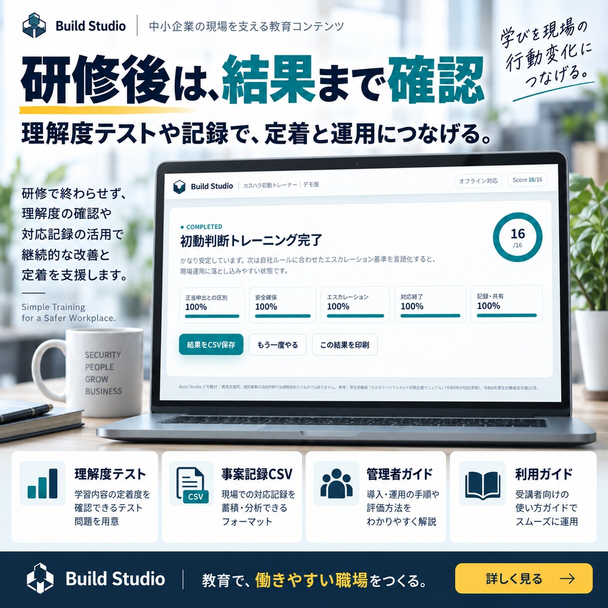 カスハラ初動研修をブラウザ教材で仕組み化します 読むマニュアルで終わせず、8場面・16判断で現場の初動を習得 イメージ6