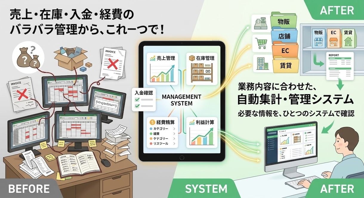 10月まで特別価格！業務収益管理システム開発します 物販・サービス・賃貸の自動管理集計システム作成 イメージ1